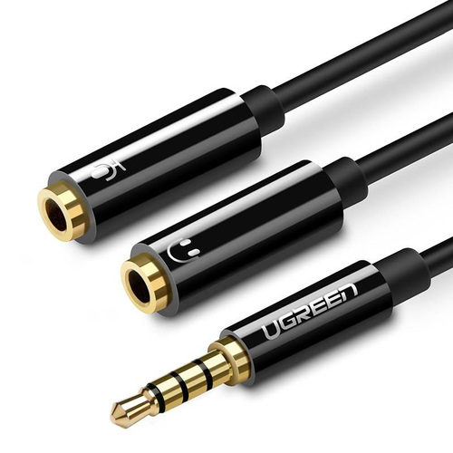 UGREEN AV141 AUX audio elosztó 3,5 mm-es mini jack kábel (dugós) a fejhallgatóhoz + mikrofon (anya), 20 cm (fekete)