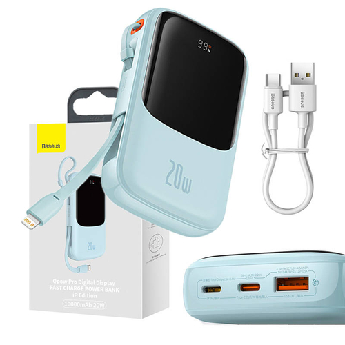 Powerbank Baseus Qpow Pro Lightning kábellel, USB-C, USB, 10000mAh, 20W (kék)