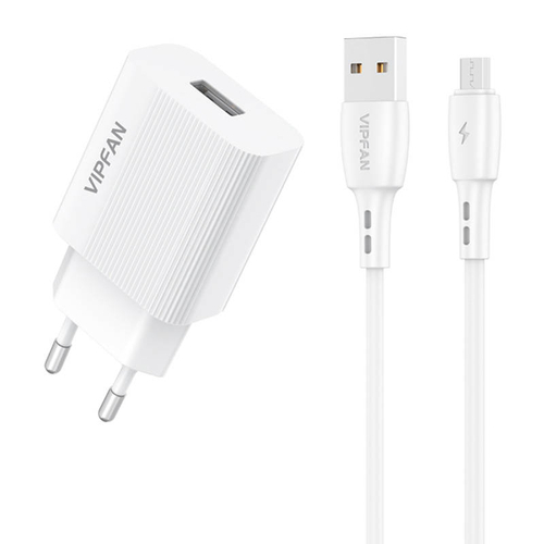 Vipfan E01 hálózati töltő, 1x USB, 2,4A + Micro USB kábel (fehér)