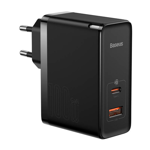 Baseus GaN USB-C + USB fali töltő, 100W + 1m kábel (fekete)