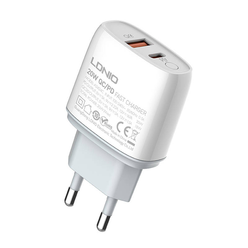 Wall charger LDNIO A2424C, USB + USB-C, PD + QC 3.0, 20W (white)