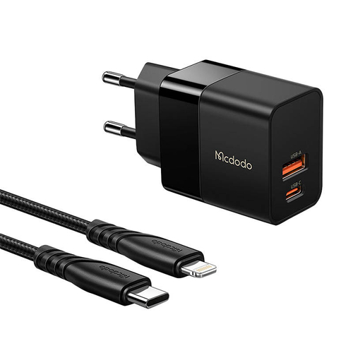 Mcdodo CH-1952 USB + USB-C wall charger, 20W + USB-C to Lightning cable (black)